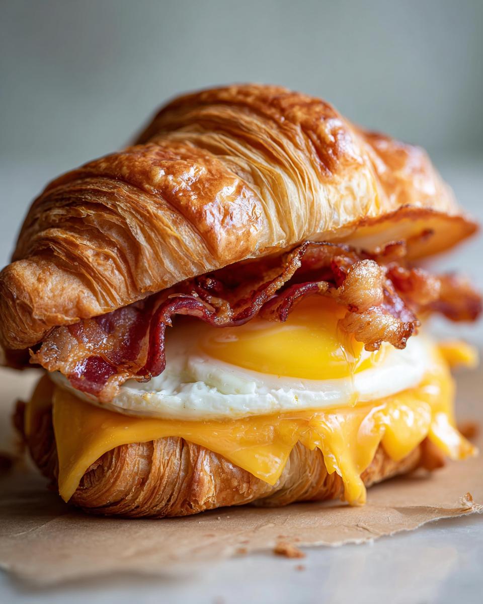 A delicious Ultimate Easy Croissant Breakfast Sandwich filled with crispy bacon, a fried egg, and melted cheese.