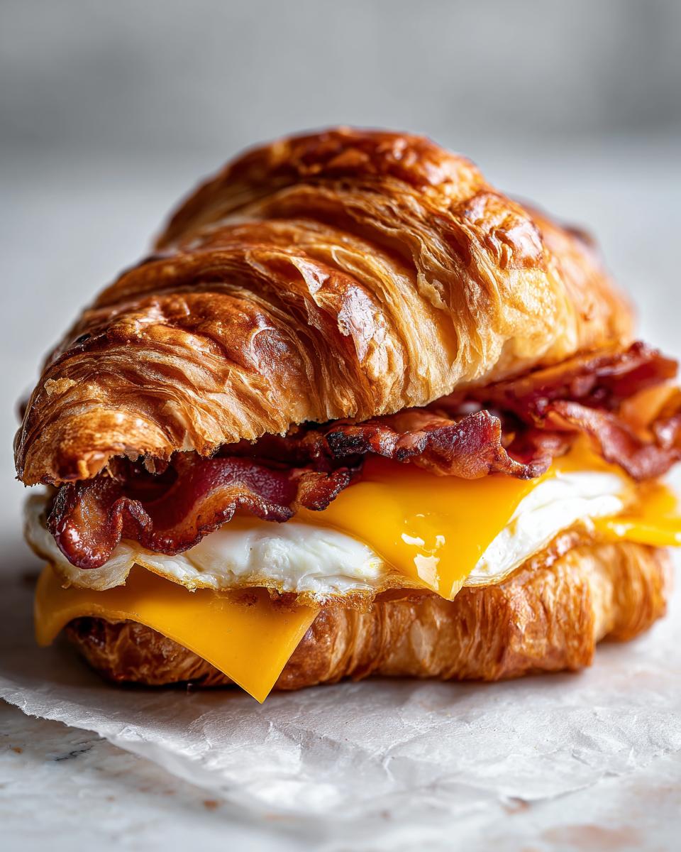 Close-up of an Ultimate Easy Croissant Breakfast Sandwich with crispy bacon, melted cheese, and a fried egg.