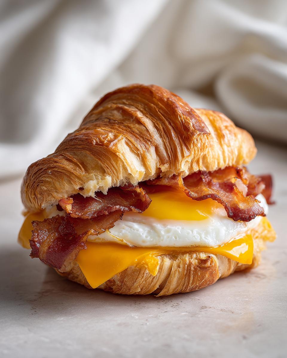 Close-up of an Ultimate Easy Croissant Breakfast Sandwich with crispy bacon, fried egg, and melted cheese.