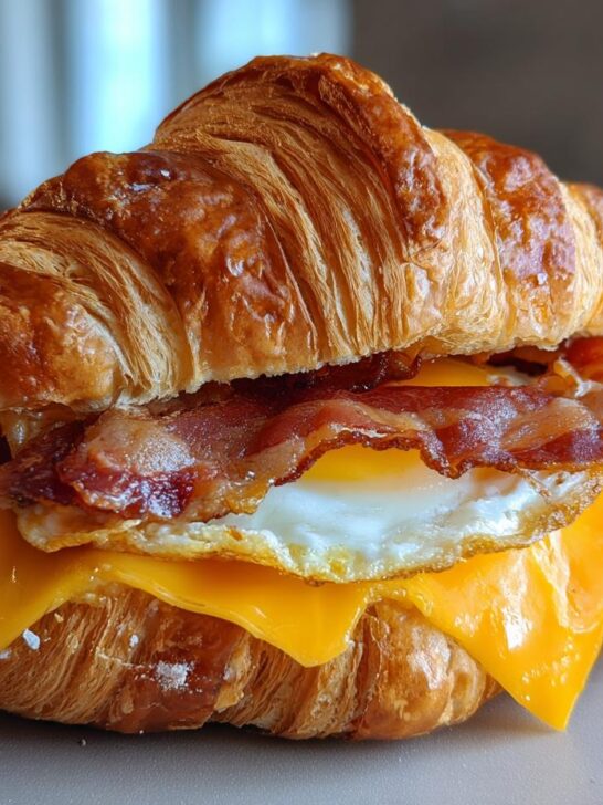 A close-up of an Ultimate Easy Croissant Breakfast Sandwich with melted cheese, fried egg, and crispy bacon.