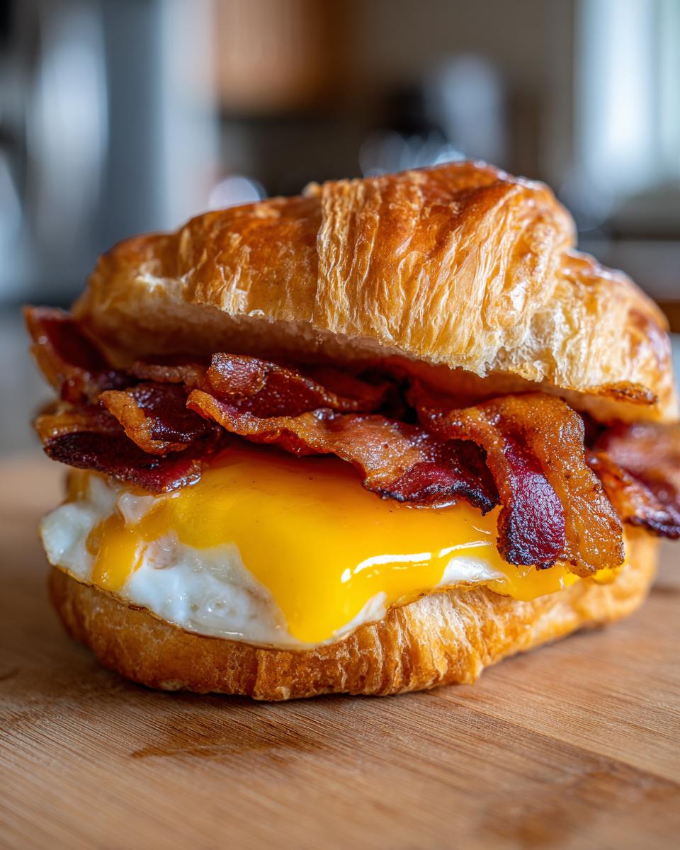Close-up of an Ultimate Easy Croissant Breakfast Sandwich filled with crispy bacon, a fried egg, and melted cheese.