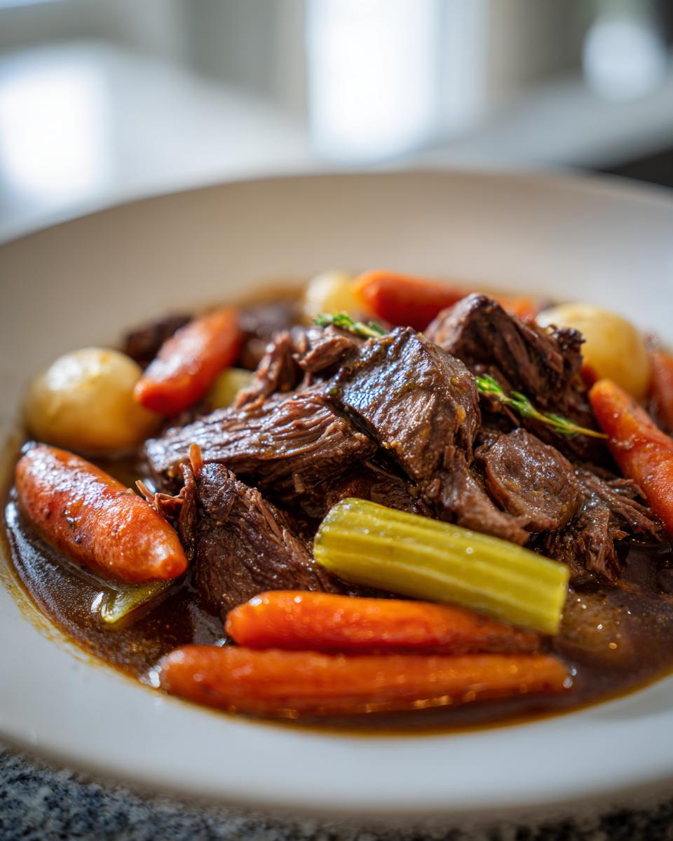 A close-up of a bowl filled with tender Ultimate Slow Cooker Pot Roast, carrots, potatoes, and celery in rich gravy.