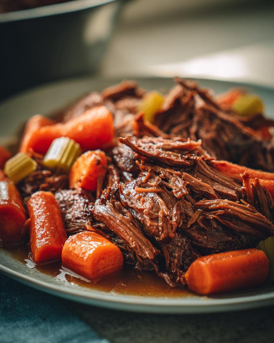 Close-up of tender, shredded Ultimate Slow Cooker Pot Roast served with chunks of carrots and celery in a savory sauce.