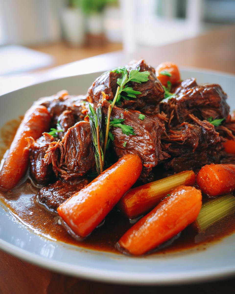Close-up of tender Ultimate Slow Cooker Pot Roast with carrots and celery in rich gravy.