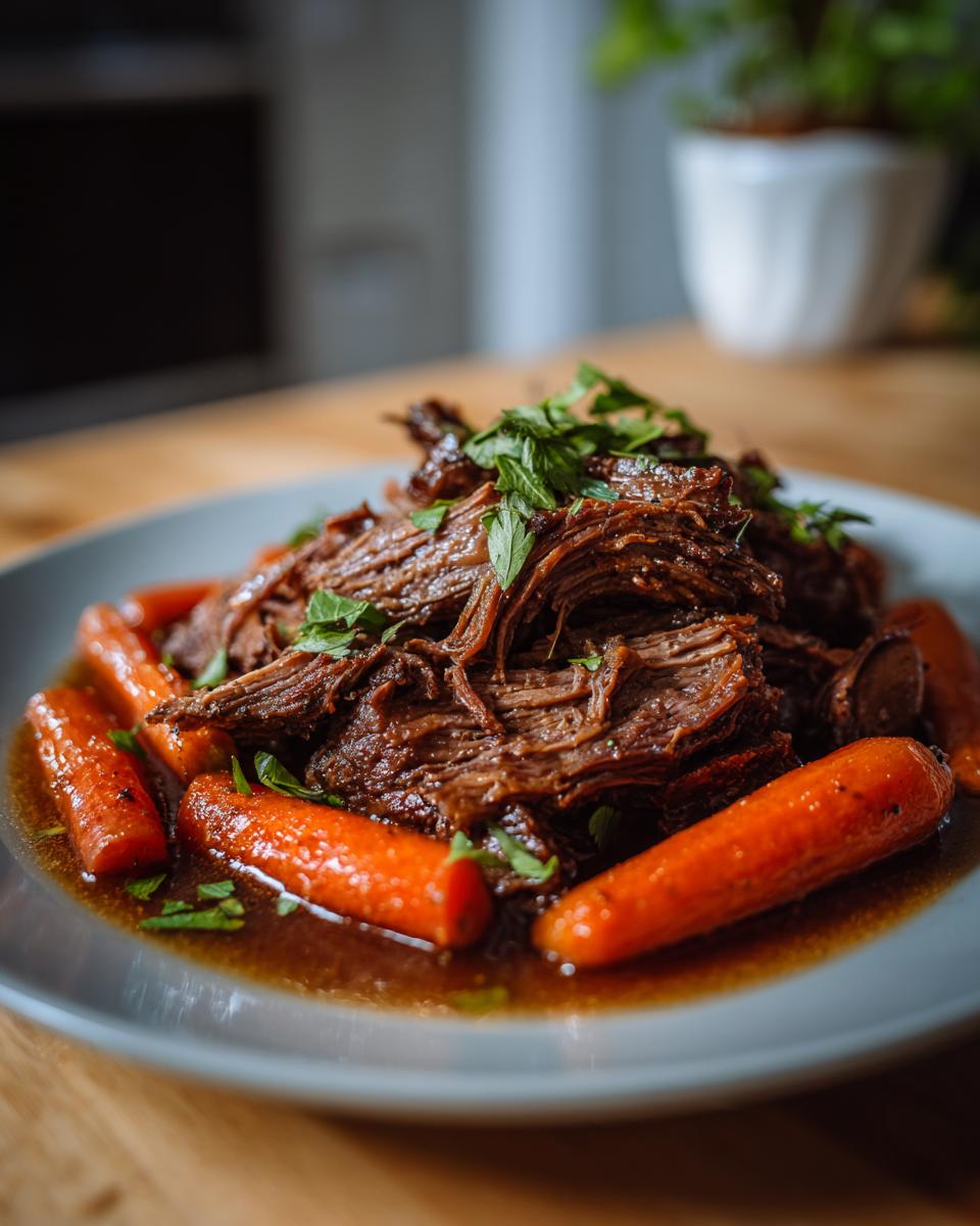 A plate of tender, shredded Ultimate Slow Cooker Pot Roast Recipe with whole cooked carrots and fresh parsley.