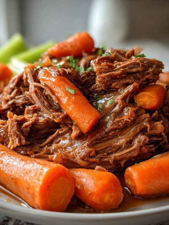 A plate of tender, shredded Ultimate Slow Cooker Pot Roast served with whole carrots and celery.