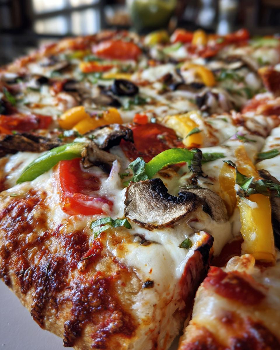 A delicious close-up of The Ultimate Veggie Pizza, loaded with colorful vegetables and melted cheese.