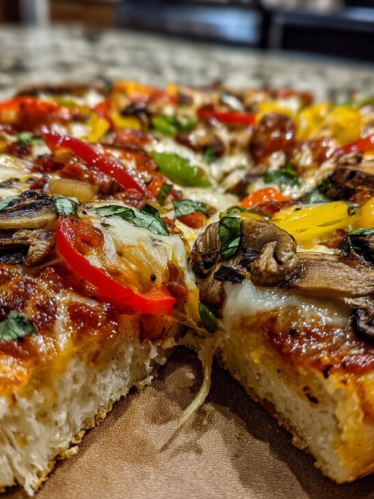 A close-up view of The Ultimate Veggie Pizza, showcasing colorful bell peppers, mushrooms, and melted cheese on a crust.