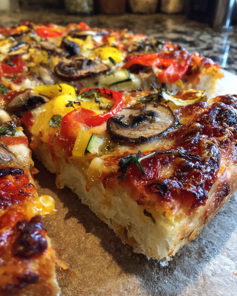 A close-up view of a slice of The Ultimate Veggie Pizza, showcasing colorful vegetables and melted cheese.