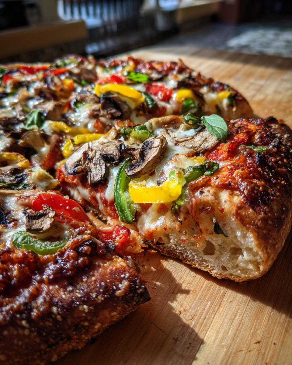 A close-up of a slice of The Ultimate Veggie Pizza, showcasing colorful vegetables and melted cheese on a wooden board.