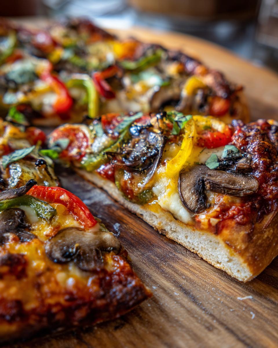 A close-up of a slice of The Ultimate Veggie Pizza, showcasing mushrooms, peppers, tomatoes, and melted cheese.