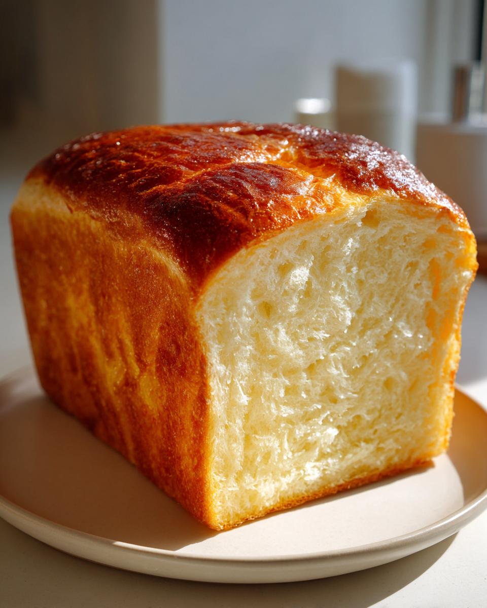 A beautiful, golden-brown loaf of vegan brioche bread, sliced to reveal its fluffy, airy interior.