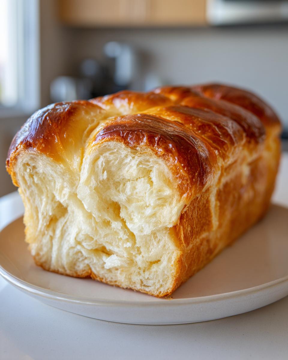 Close-up of a golden-brown Vegan Brioche Bread loaf on a white plate, showcasing its soft, airy crumb.