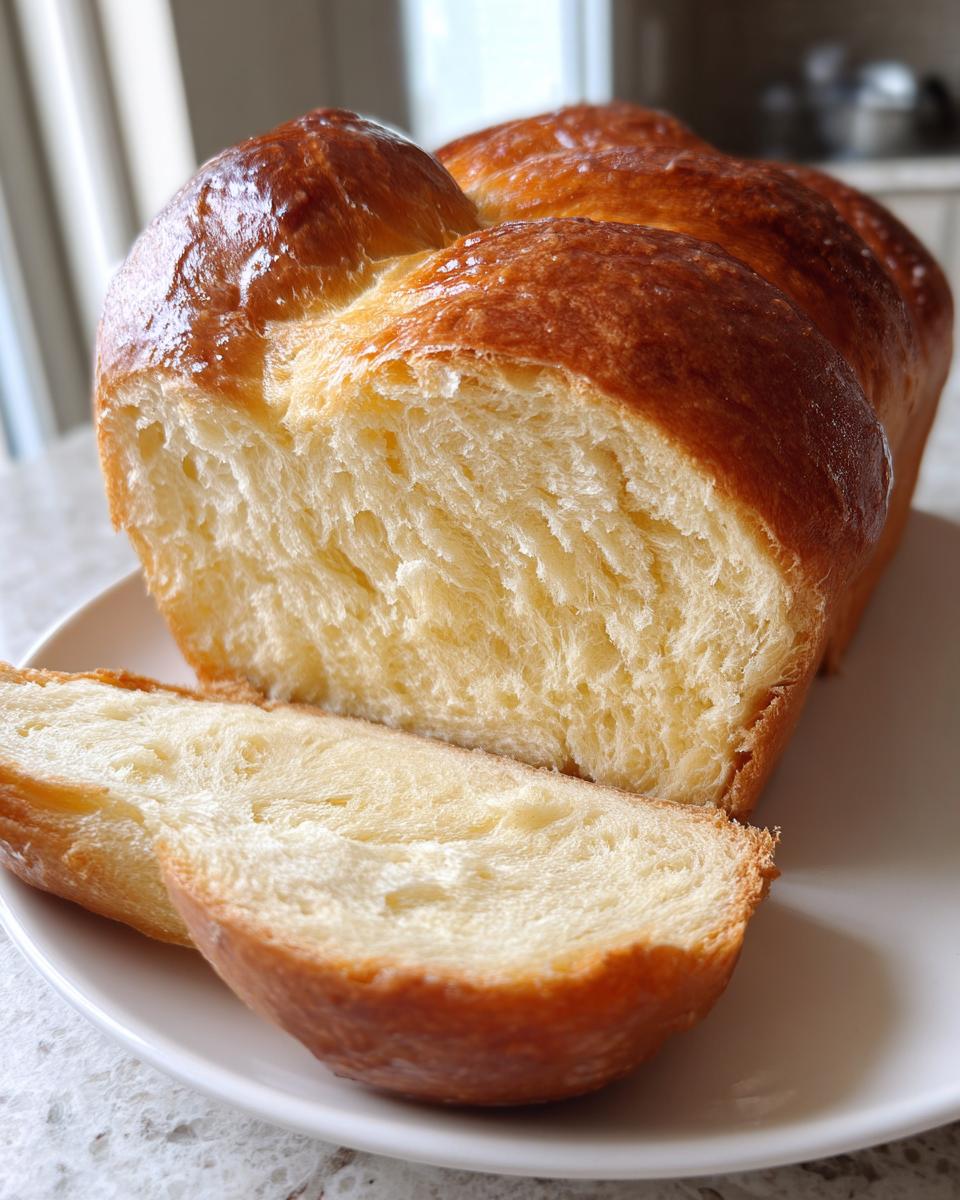 A close-up of a sliced Vegan Brioche Bread loaf, showcasing its fluffy interior and golden-brown crust.