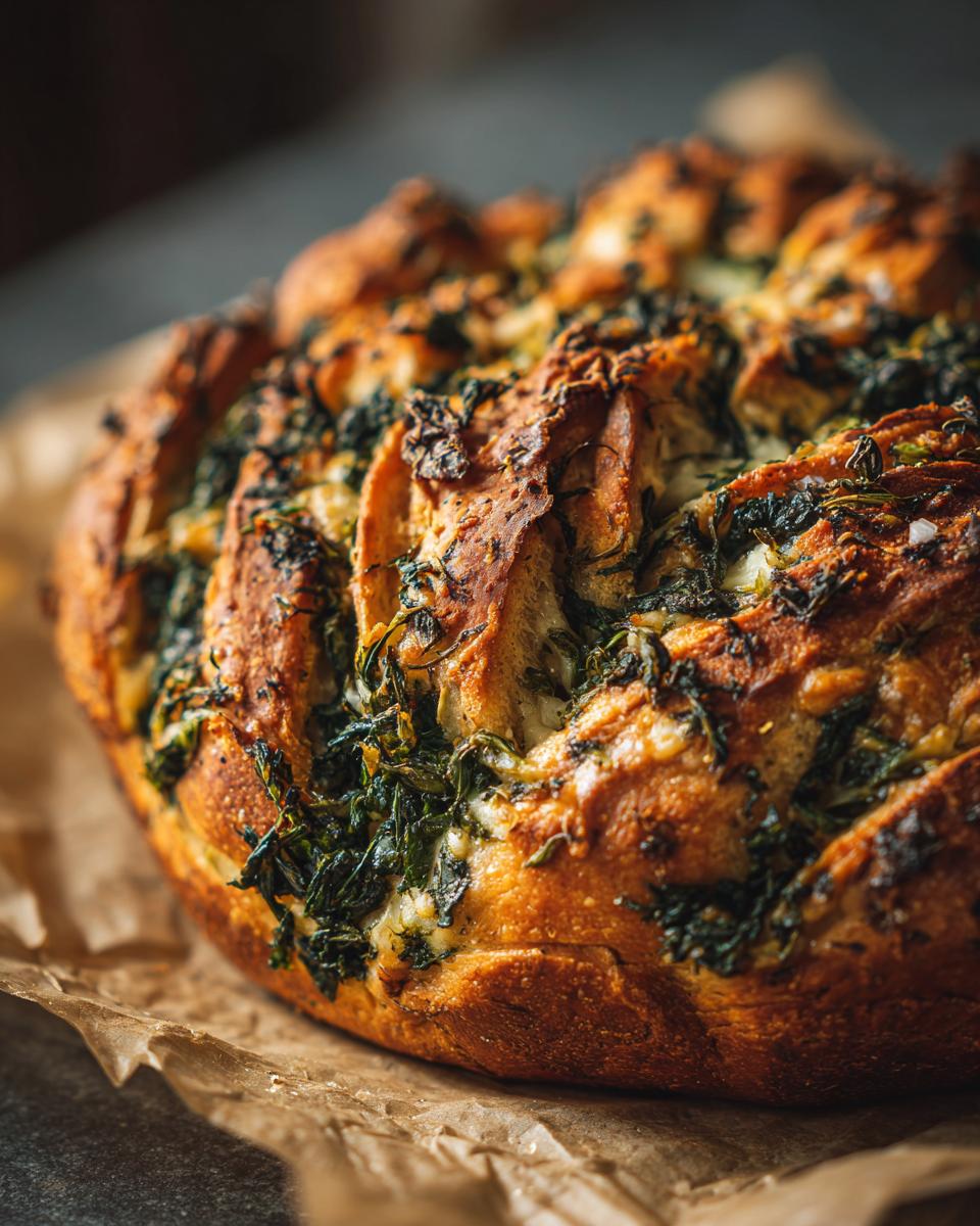 Close-up of a golden-brown Vegan Garlic Herb Kale Bread loaf, with visible kale and herbs baked into the crust.
