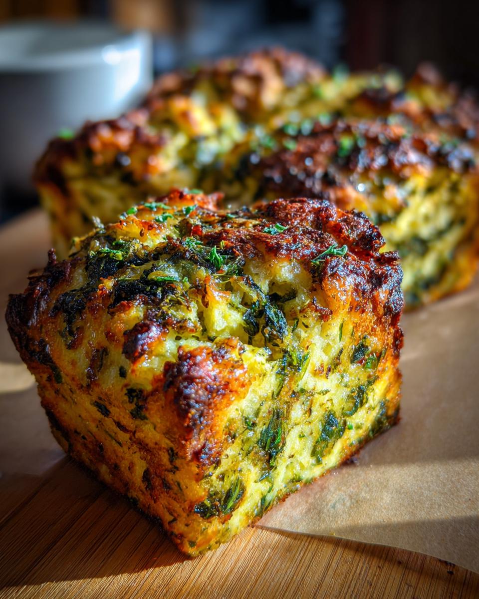 A close-up of a slice of Vegan Garlic Herb Kale Bread, showcasing its golden-brown crust and visible herbs.