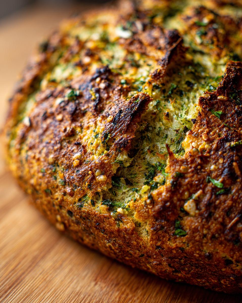 Close-up of a crusty Vegan Garlic Herb Kale Bread loaf with visible herbs and garlic.