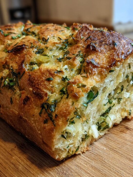 A golden-brown loaf of Vegan Garlic Herb Kale Bread, sliced to reveal its fluffy interior packed with herbs and garlic.