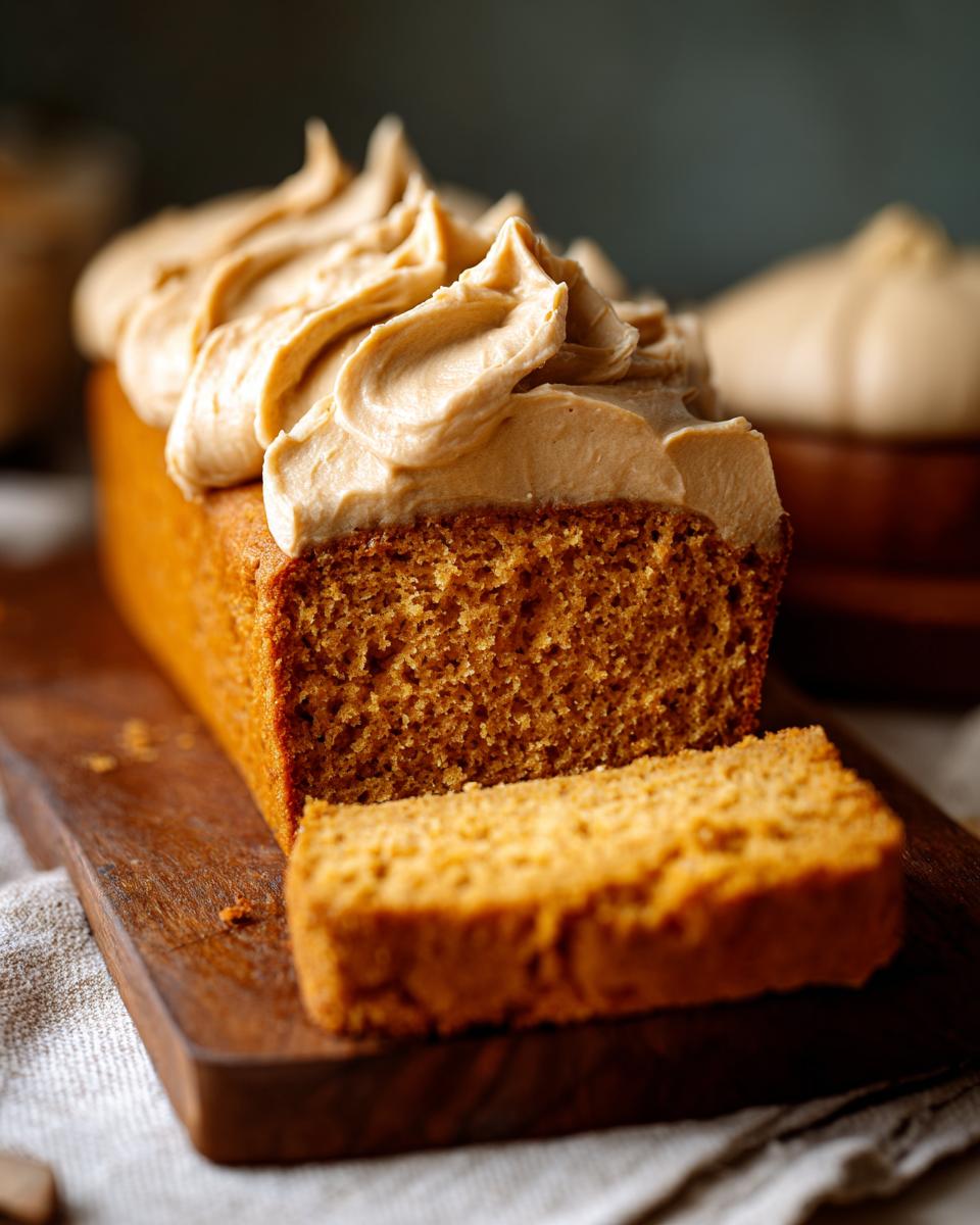 A slice of moist Vegan Pumpkin Bread topped with swirls of creamy Maple Chai Frosting on a wooden board.