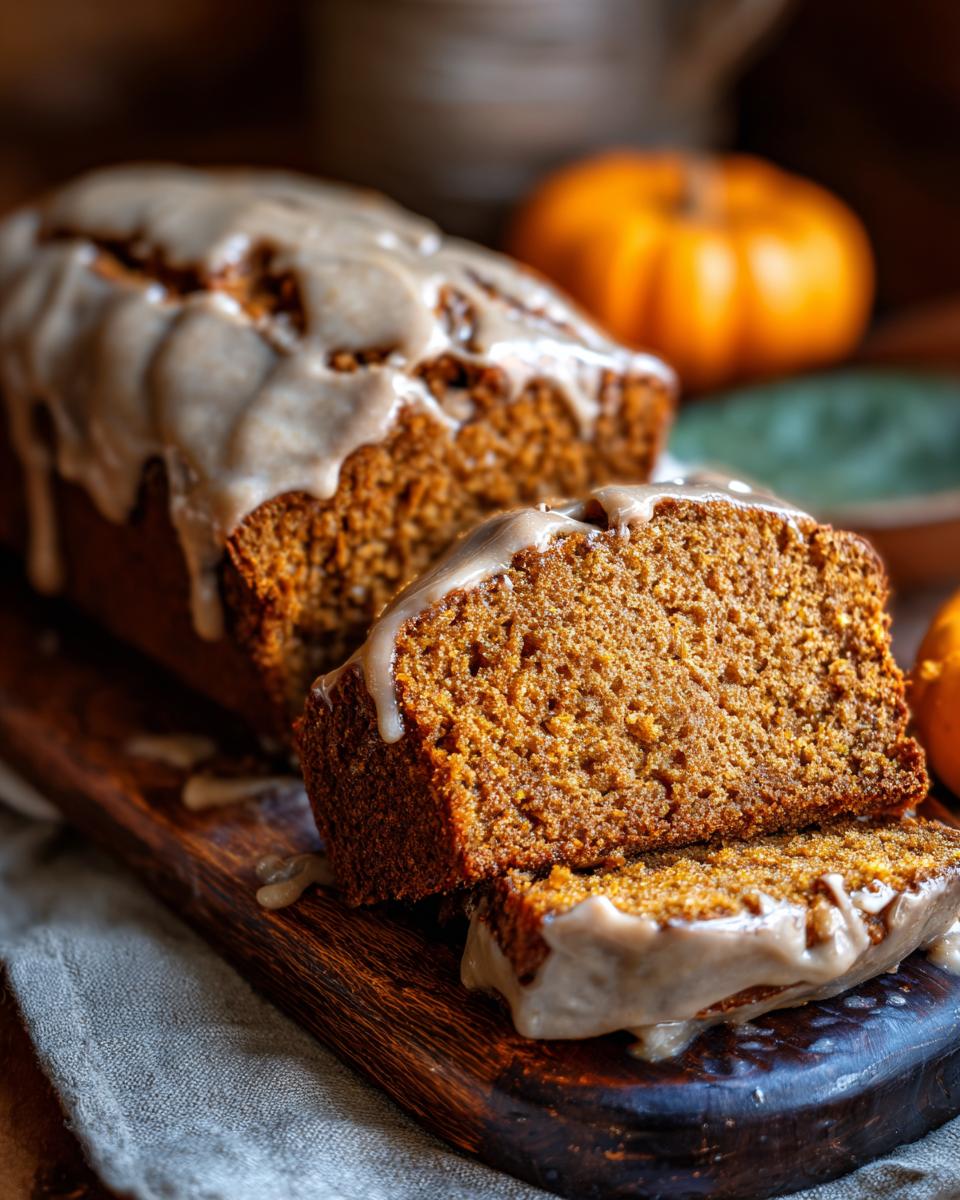 A loaf of vegan pumpkin bread topped with maple chai frosting, with two slices cut and stacked.