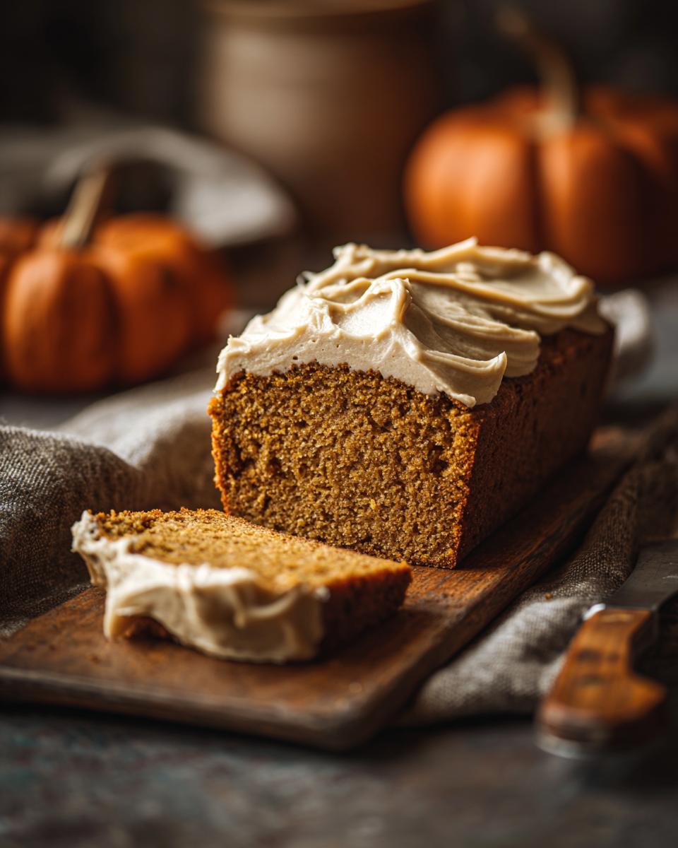 A slice of moist vegan pumpkin bread topped with creamy maple chai frosting, with a whole loaf in the background.