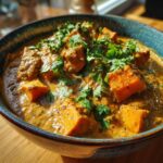 A close-up of a bowl of delicious Vegan Pumpkin Curry with chunks of butternut squash and fresh cilantro.