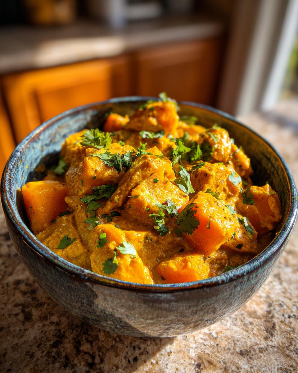 A close-up of a bowl of Vegan Pumpkin Curry with Butternut Squash, garnished with fresh cilantro.