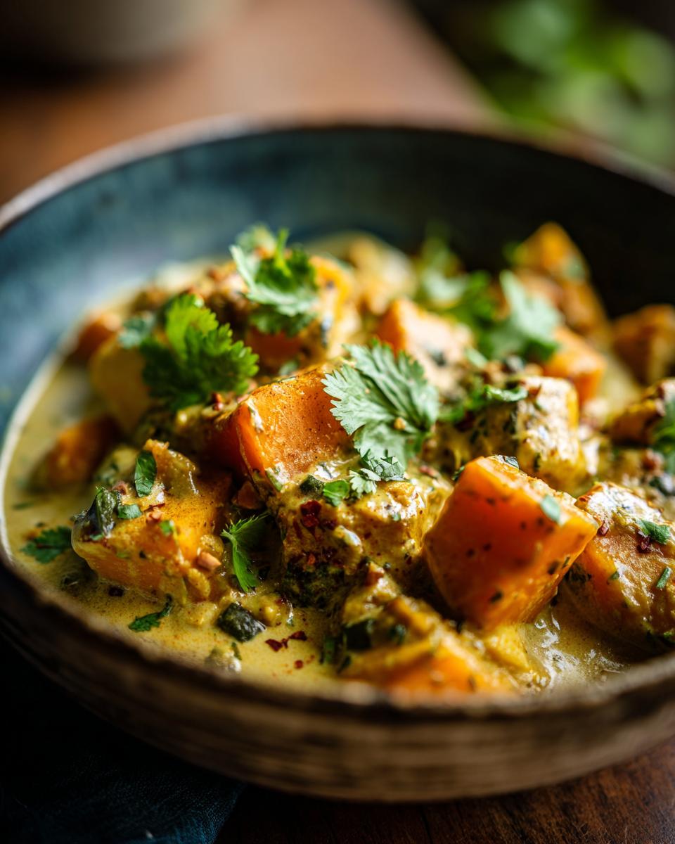 A close-up of a bowl filled with creamy Vegan Pumpkin Curry featuring chunks of butternut squash and fresh cilantro.