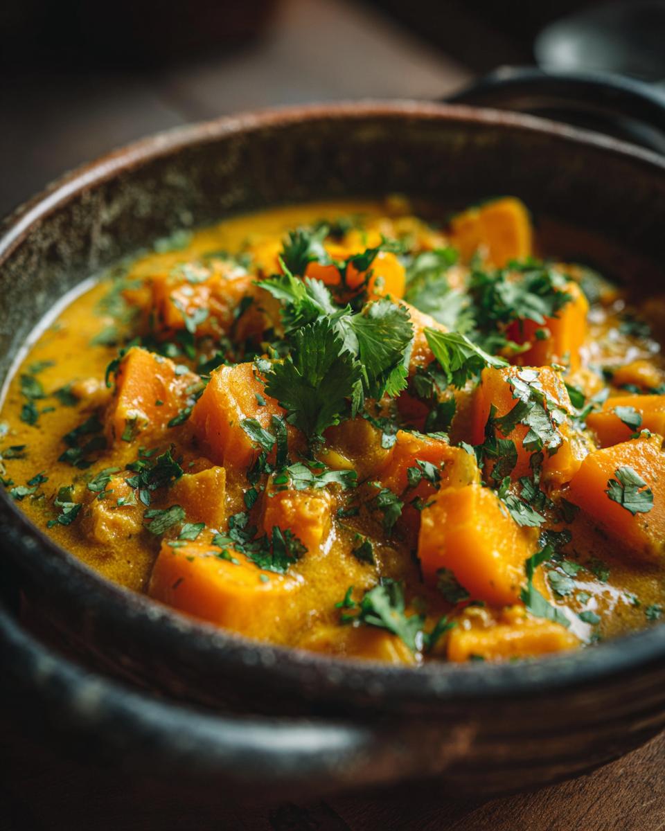 Close-up of a bowl of creamy Vegan Pumpkin Curry with chunks of butternut squash and fresh cilantro.