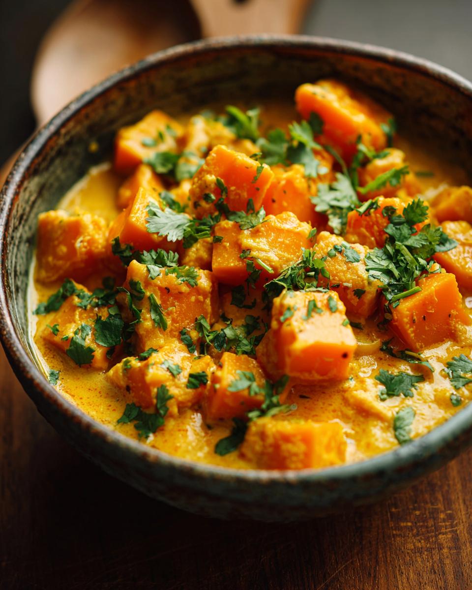 A close-up of a bowl of Vegan Pumpkin Curry featuring chunks of butternut squash in a creamy orange sauce, garnished with fresh cilantro.