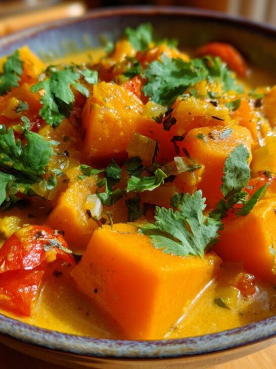 A close-up of a bowl of Vegan Pumpkin Curry featuring chunks of butternut squash, cherry tomatoes, and fresh cilantro.