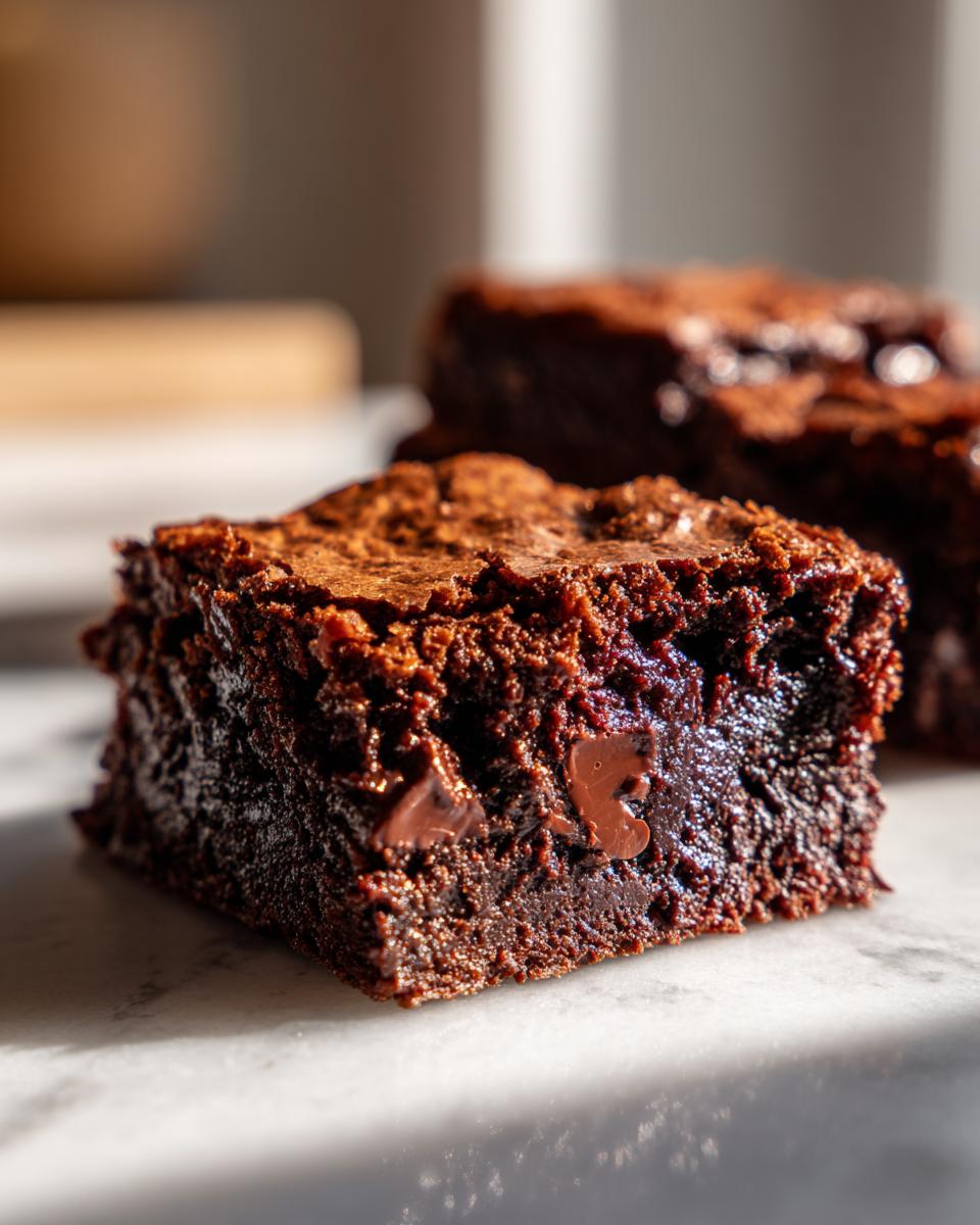 Close-up of a fudgy Zucchini Chocolate Brownie with visible chocolate chips, on a marble surface.