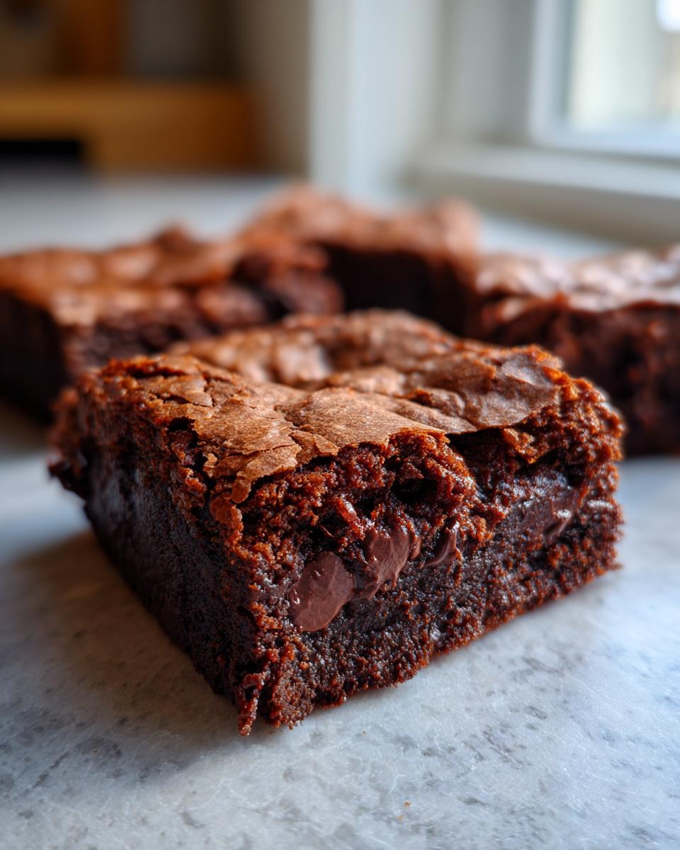 Close-up of a fudgy Zucchini Chocolate Brownie, revealing melted chocolate chips within its rich texture.