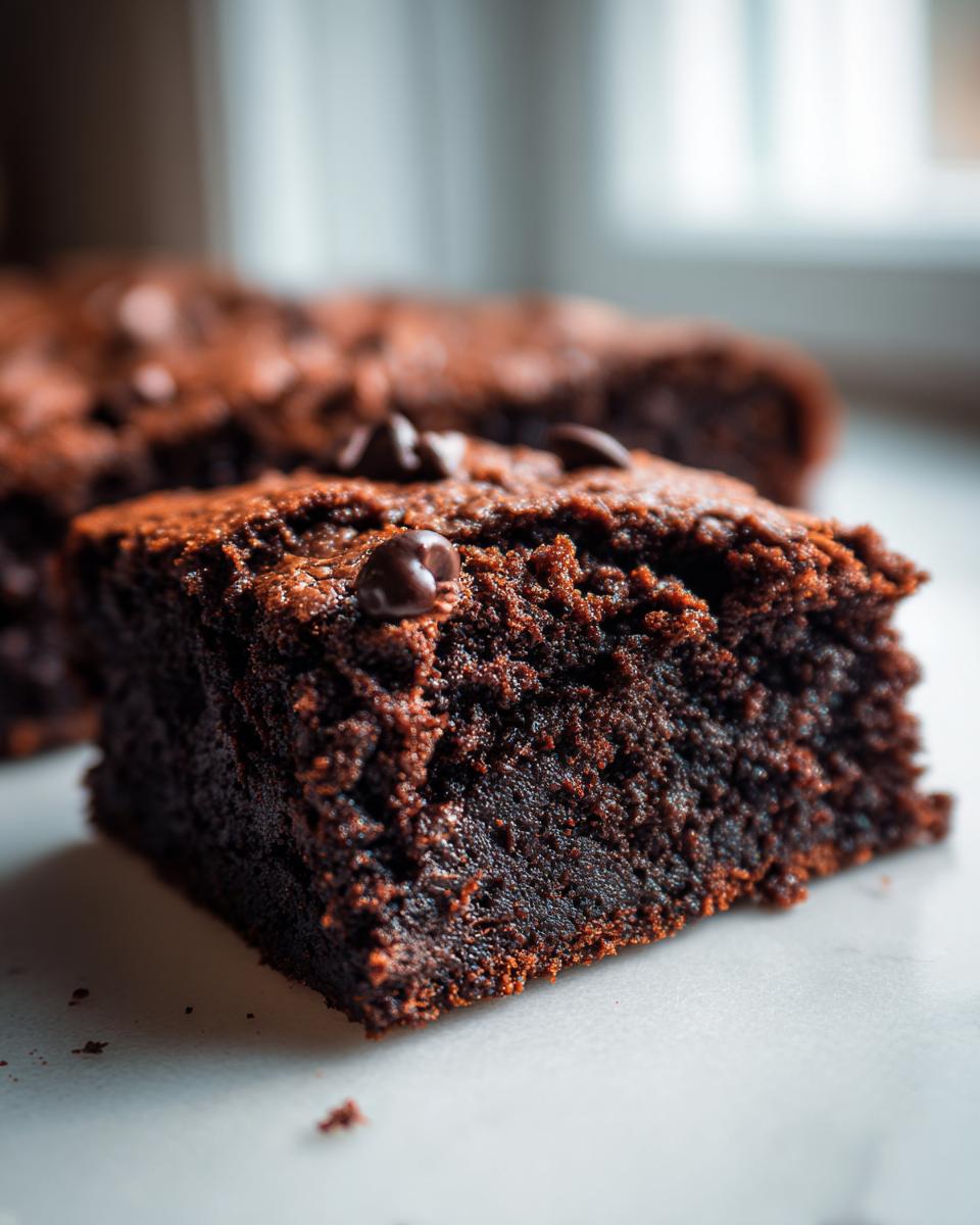 Close-up of a fudgy Zucchini Chocolate Brownie slice topped with chocolate chips.