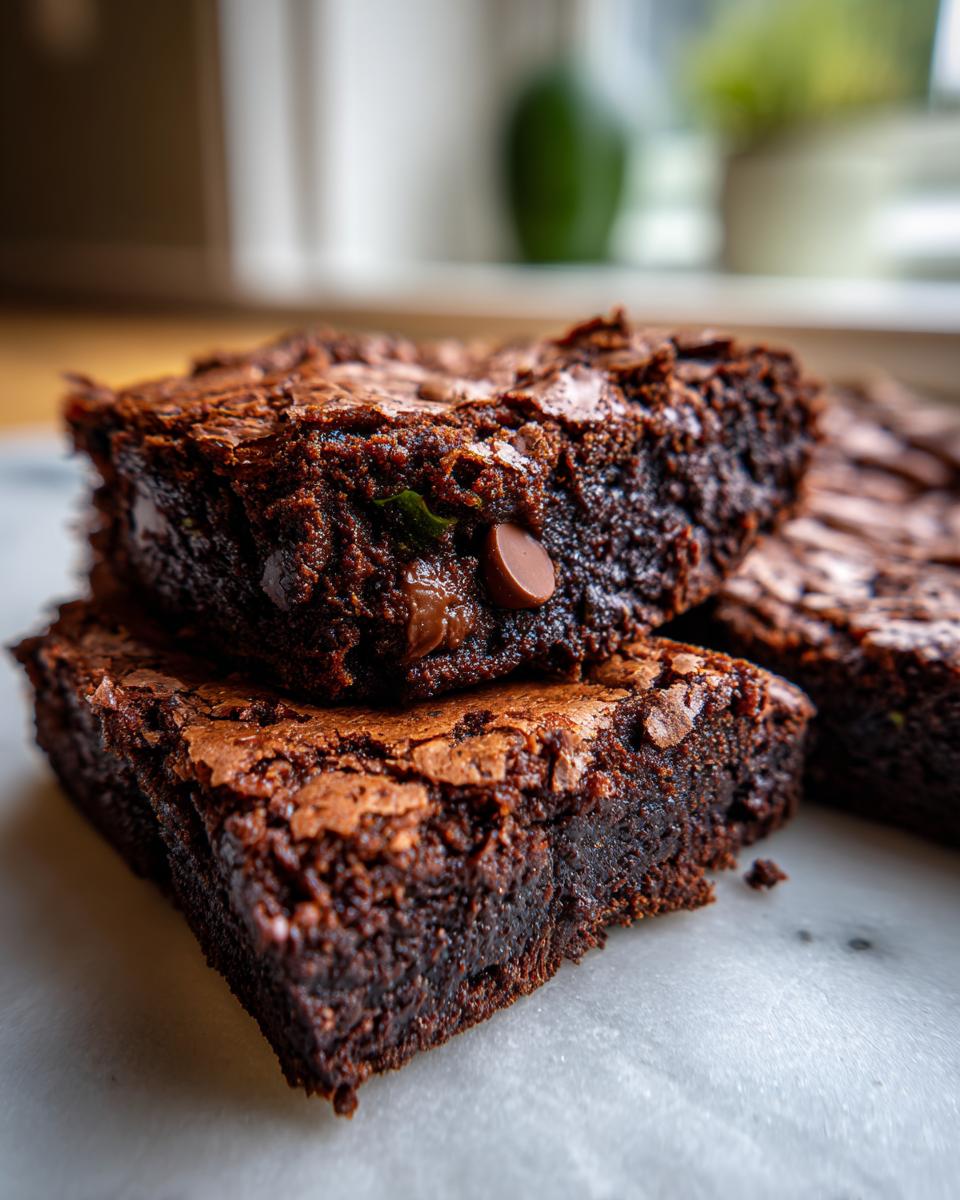 Close-up of a stack of fudgy zucchini chocolate brownies with melted chocolate chips.