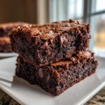 A stack of two rich, fudgy zucchini chocolate brownies with visible chocolate chips.