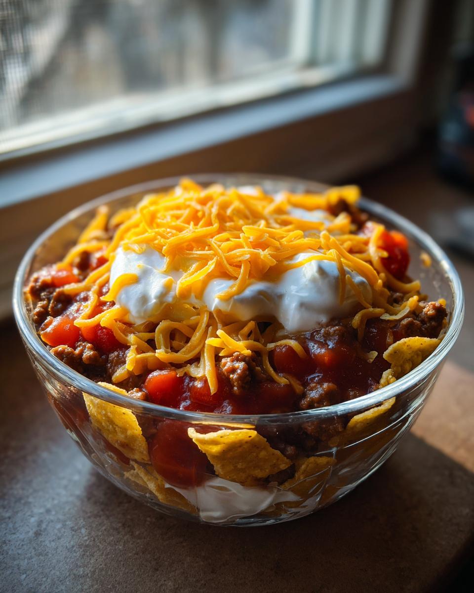 A clear glass bowl filled with the layers of the 7 Layer Taco Salad Recipe, topped with sour cream and shredded cheddar cheese.