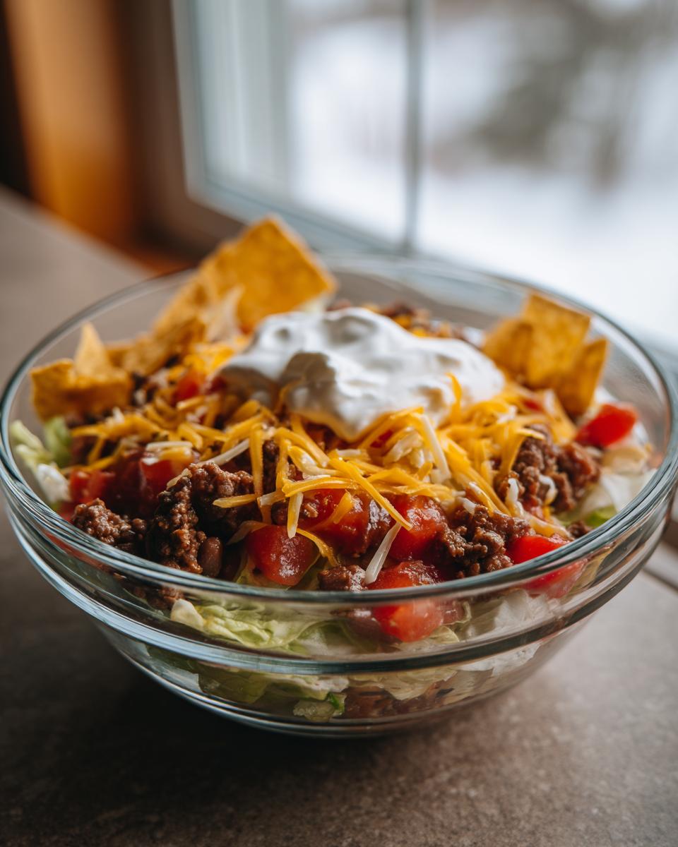 A close-up of a glass bowl filled with a delicious 7 Layer Taco Salad recipe, topped with sour cream and tortilla chips.