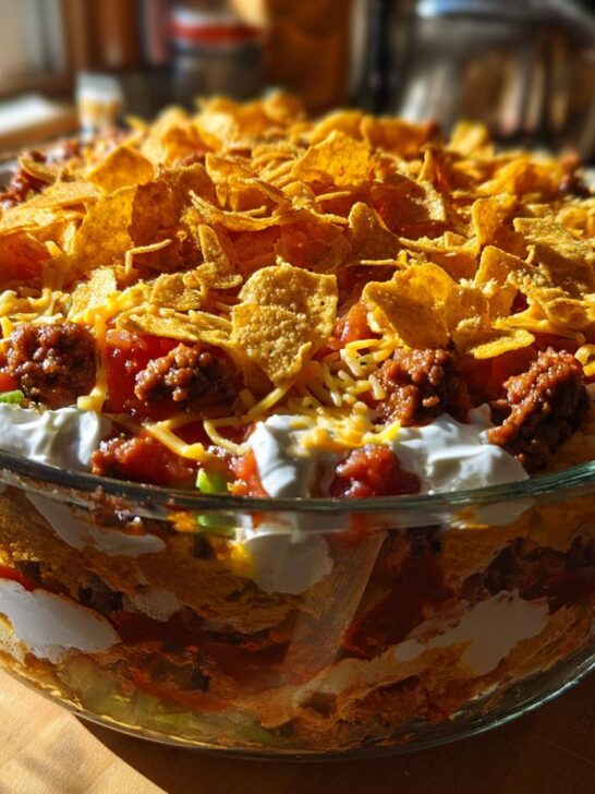A stunning, layered 7 Layer Taco Salad Recipe displayed in a clear glass trifle bowl, topped with chips and seasoned beef.