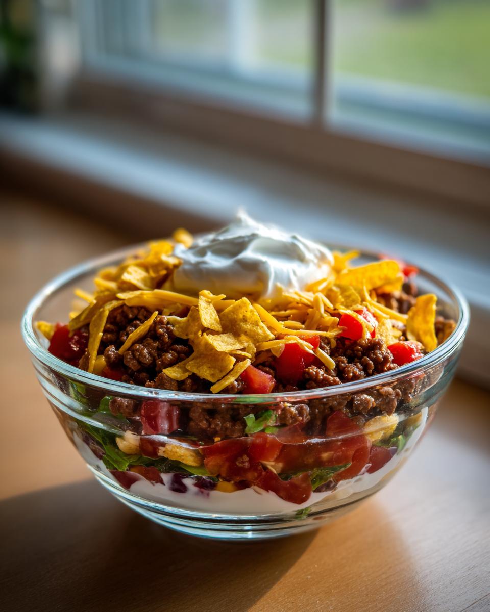 Close-up of a clear glass bowl showing the distinct layers of the 7 Layer Taco Salad Recipe, topped with beef, chips, and sour cream.