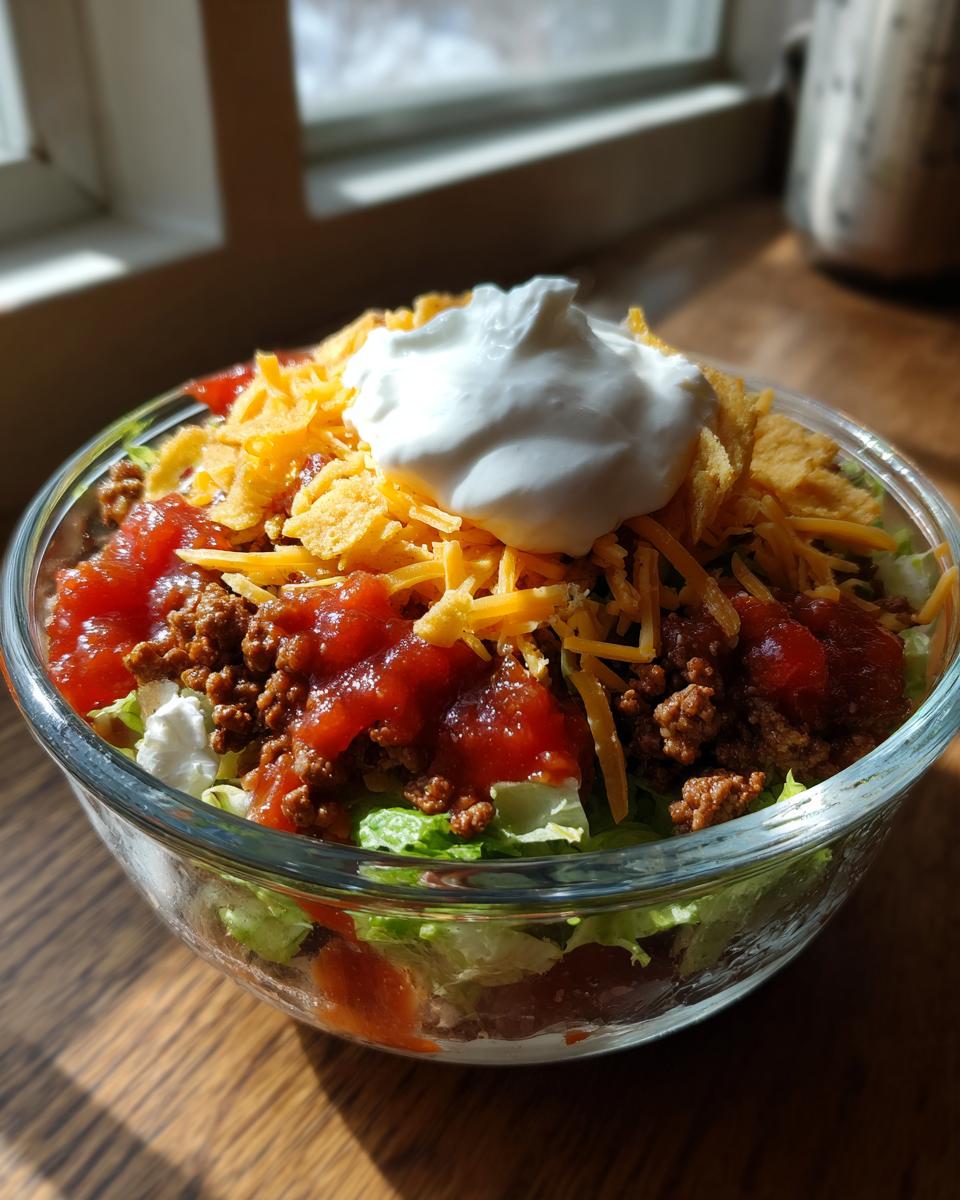 Close-up of a single serving 7 Layer Taco Salad Recipe in a clear glass bowl topped with sour cream.