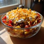 Close-up of a clear glass bowl filled with the 7 Layer Taco Salad Recipe, topped with sour cream, shredded cheese, and crushed tortilla chips.