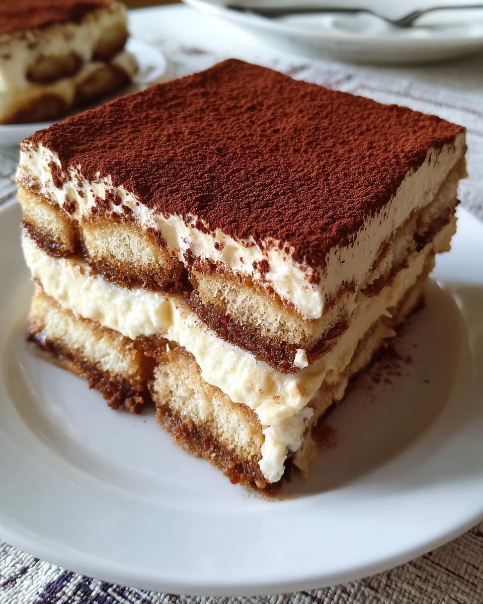 Close-up of a rich, multi-layered slice of Tiramisu dessert dusted heavily with cocoa powder.