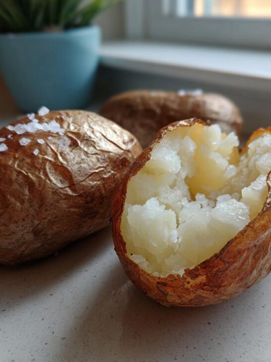 Close-up of fluffy Air Fryer Baked Potatoes, one split open and sprinkled with coarse sea salt.