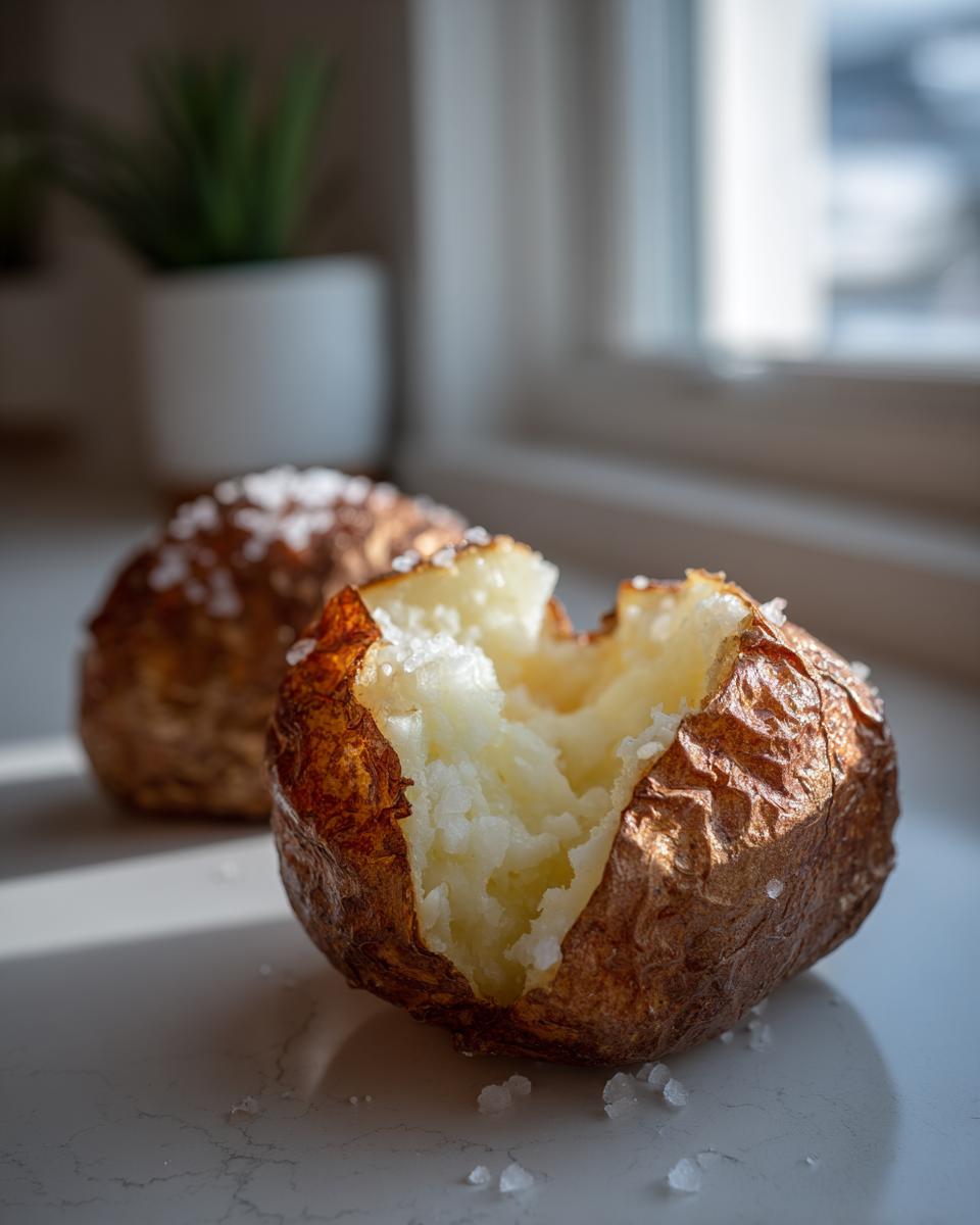 Close-up of a fluffy Air Fryer Baked Potatoes split open, topped with coarse sea salt.