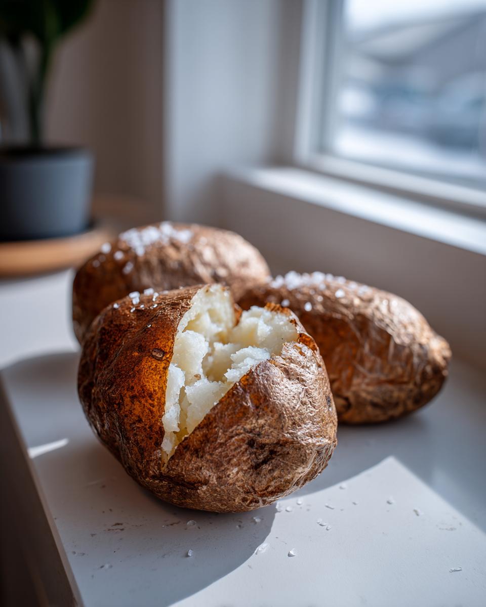 Three perfectly cooked Air Fryer Baked Potatoes, one split open revealing fluffy white interior and topped with coarse sea salt.