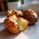 Close-up of fluffy Air Fryer Baked Potatoes, one split open and topped with coarse salt.