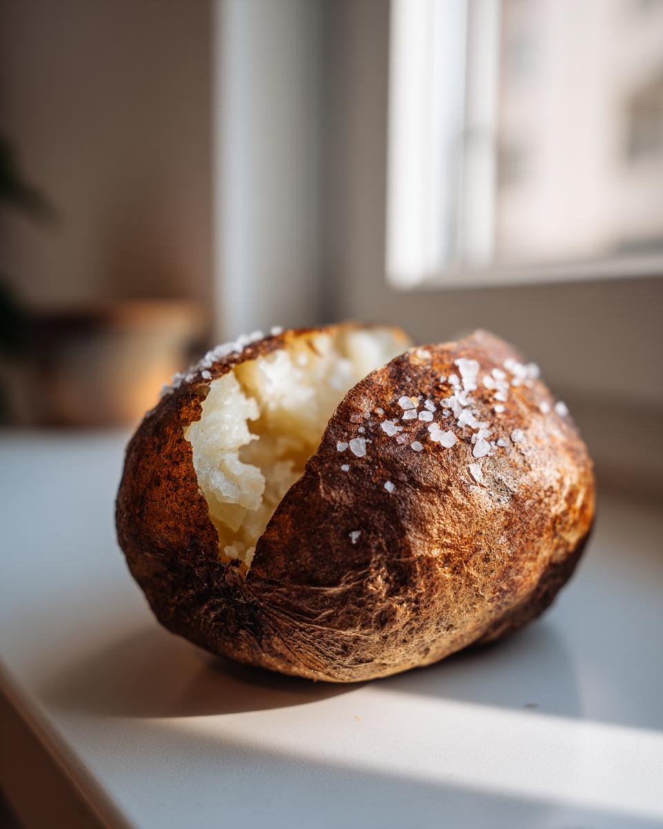 A perfectly cooked Air Fryer Baked Potato, split open to show fluffy interior and topped with coarse sea salt.