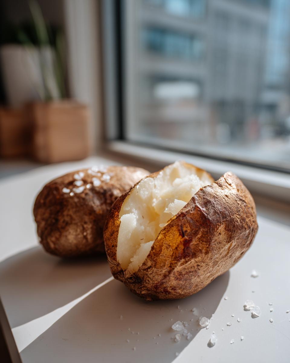 Two crispy-skinned Air Fryer Baked Potatoes, one split open revealing fluffy white interior and sea salt crystals.