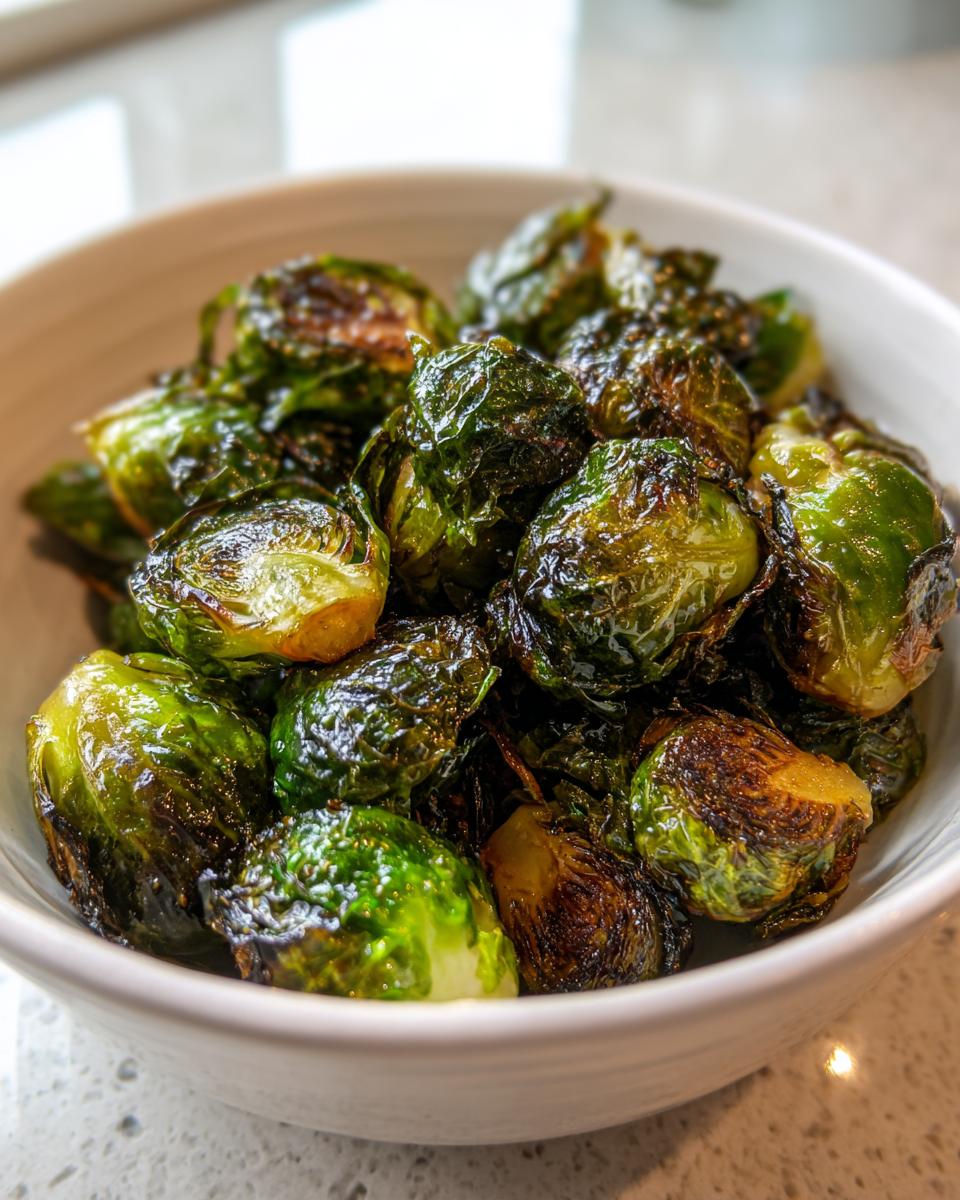 A close-up of crispy, caramelized Air Fryer Brussels Sprouts served in a white bowl.